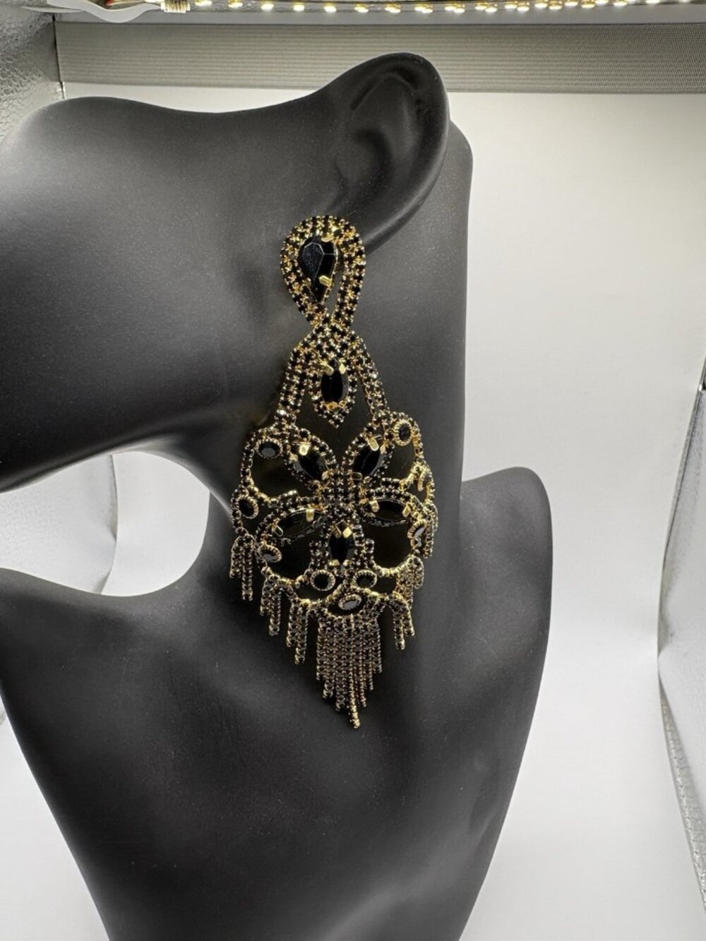 Large Long Gold Tone Black Rhinestone Dangle Earrings Pageant Glam Formal
